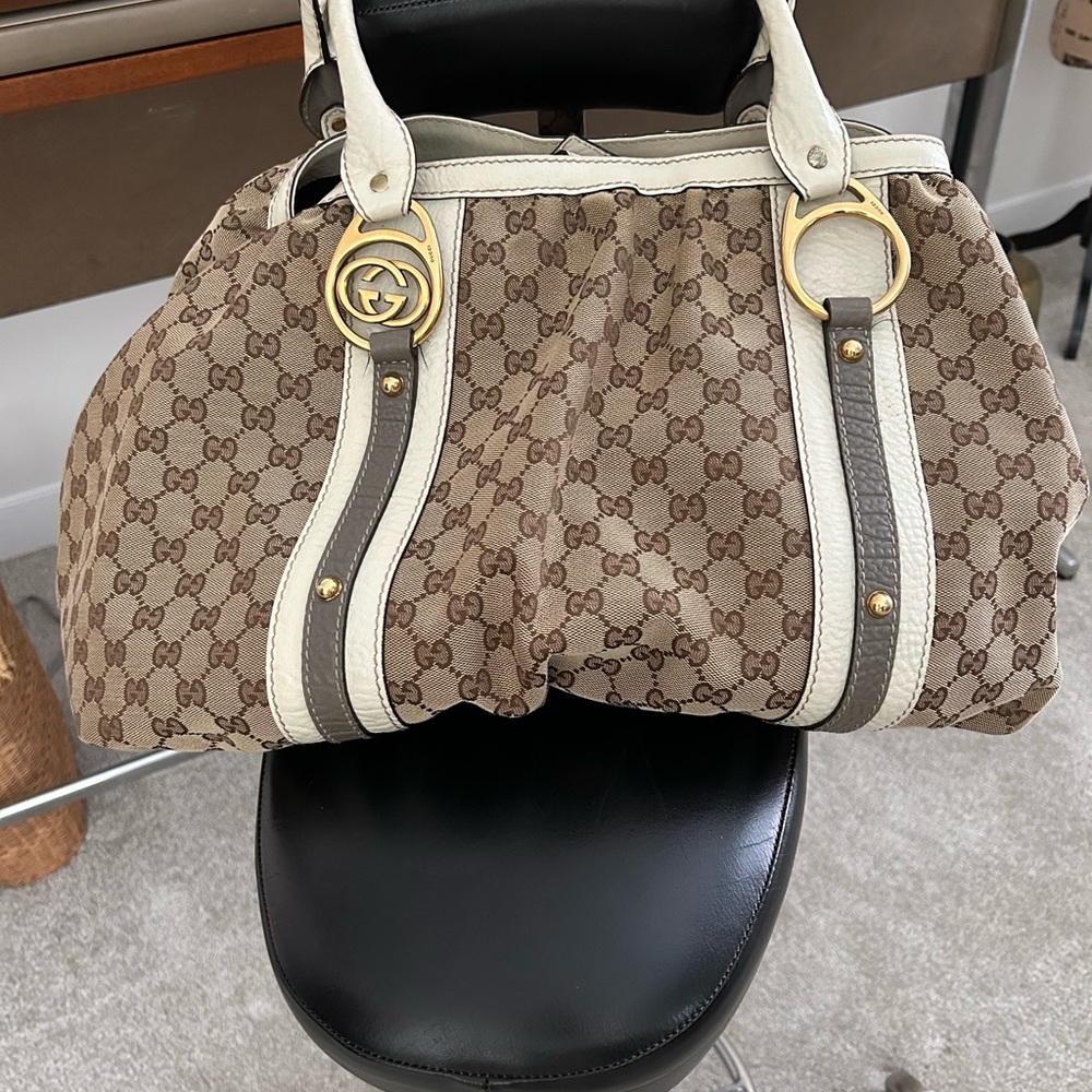 Gucci Brown GG Canvas Shoulder Bag with White Trim and Gold Hardware